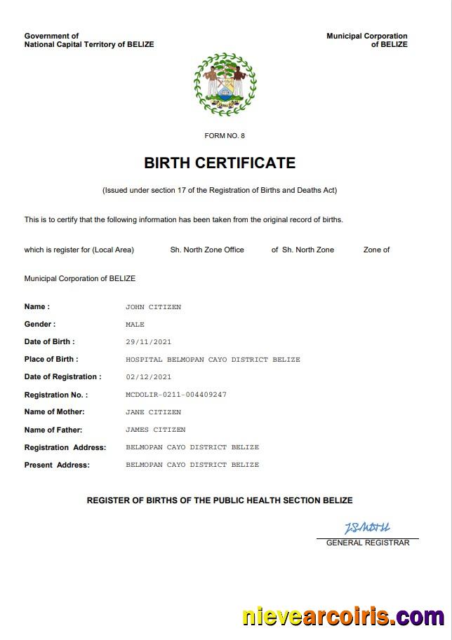 Belize vital record birth certificate